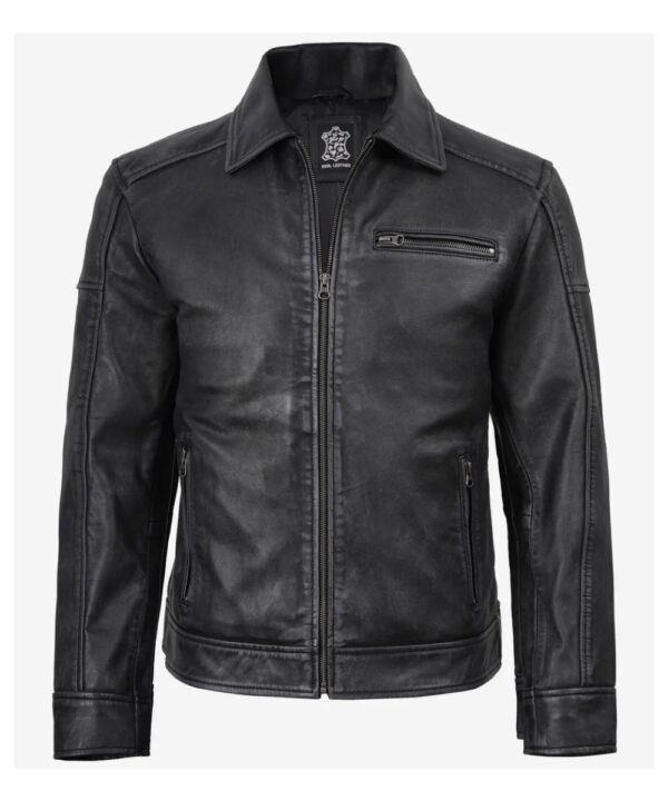 Men’s Black Washed Leather Harrington Jacket – Classic Style
