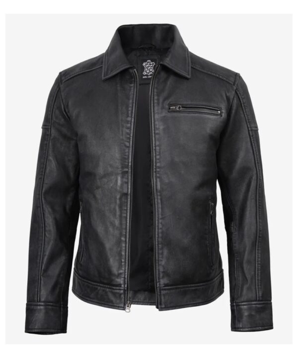 Men’s Black Washed Leather Harrington Jacket – Classic Style