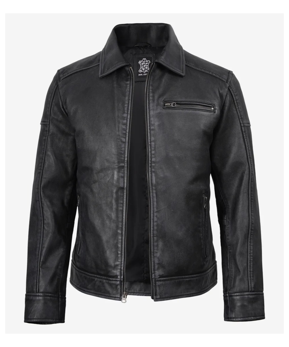 Men’s Black Washed Leather Harrington Jacket – Classic Style