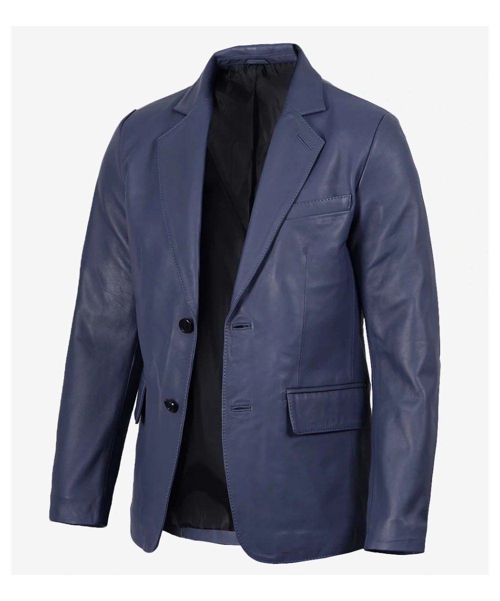 Men’s Blue Leather Two-Button Blazer – Classic Notch Lapel Style