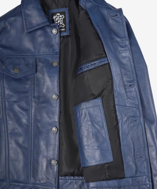 Men’s Blue Waxed Lambskin Leather Jacket – Rugged Trucker Style