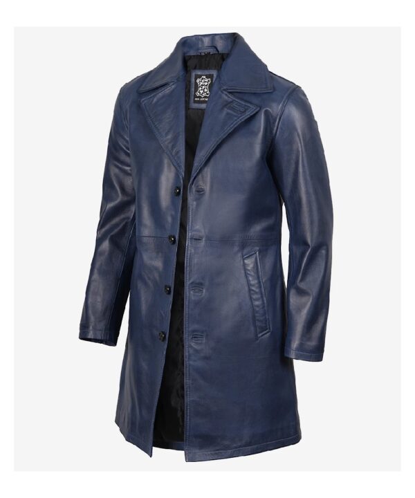 Men’s Blue Waxed Real Leather Car Coat – Classic Long Style