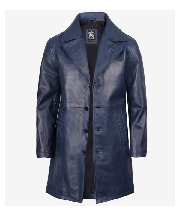 Men’s Blue Waxed Real Leather Car Coat – Classic Long Style