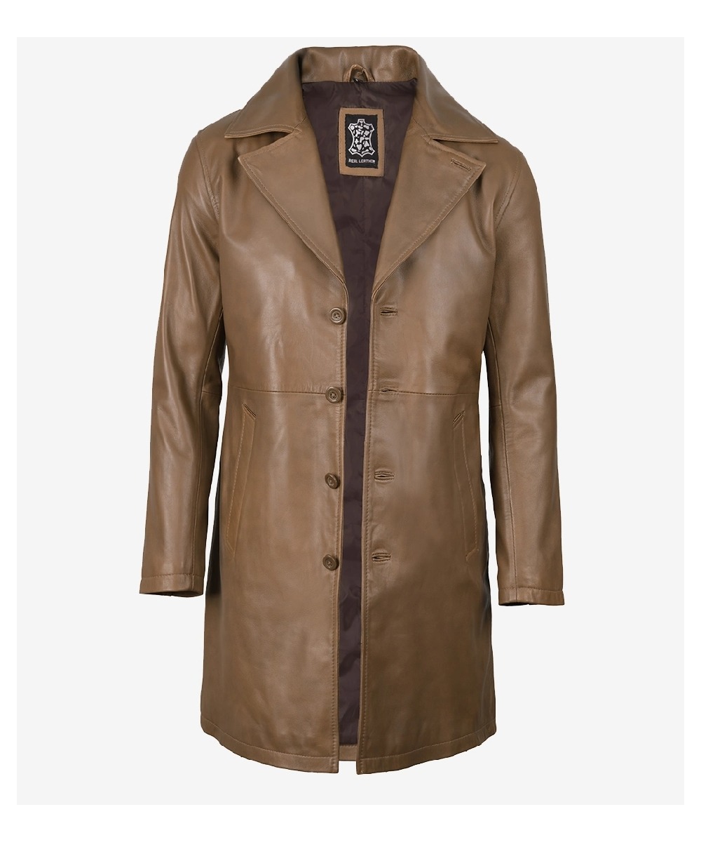 Men’s Brown Leather Car Coat – Classic Long Style