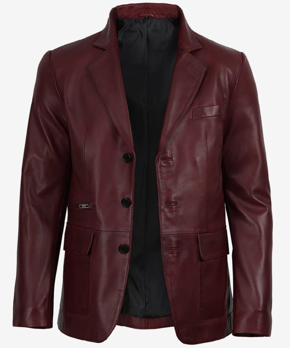 Men’s Burgundy Lambskin Leather Blazer – Classic Three-Button Fit