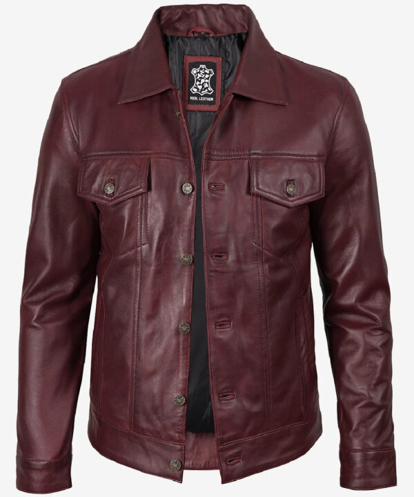 Men’s Burgundy Lambskin Leather Jacket – Classic Trucker Style
