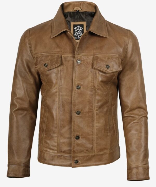 Men’s Camel Brown Leather Trucker Jacket – Classic Rugged Style