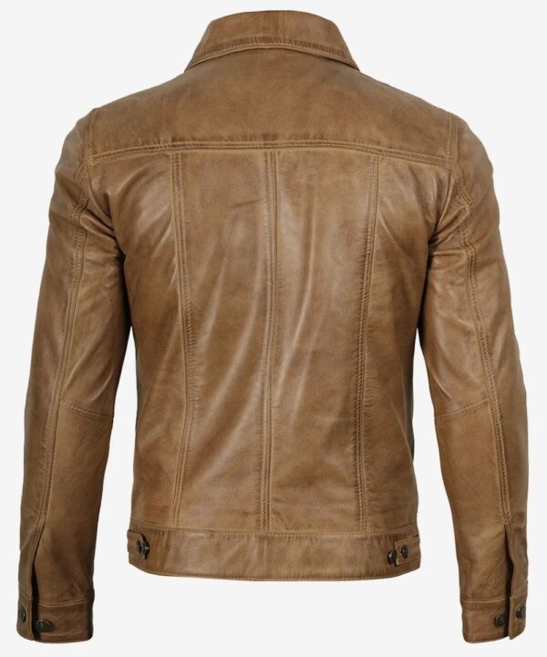 Men’s Camel Brown Leather Trucker Jacket – Classic Rugged Style