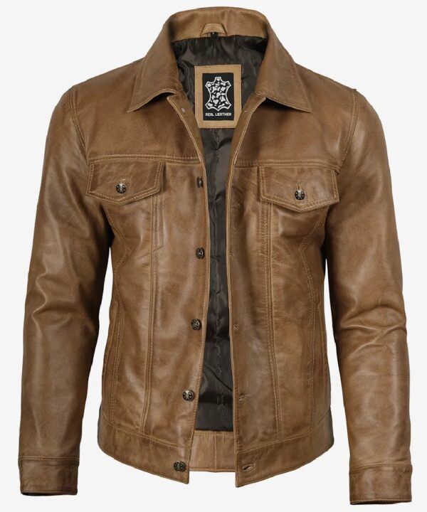 Men’s Camel Brown Leather Trucker Jacket – Classic Rugged Style