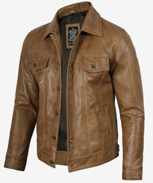 Men’s Camel Brown Leather Trucker Jacket – Classic Rugged Style