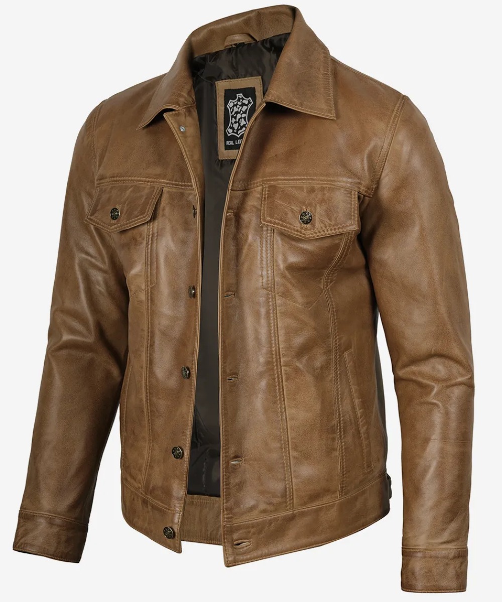 Men’s Camel Brown Leather Trucker Jacket – Classic Rugged Style