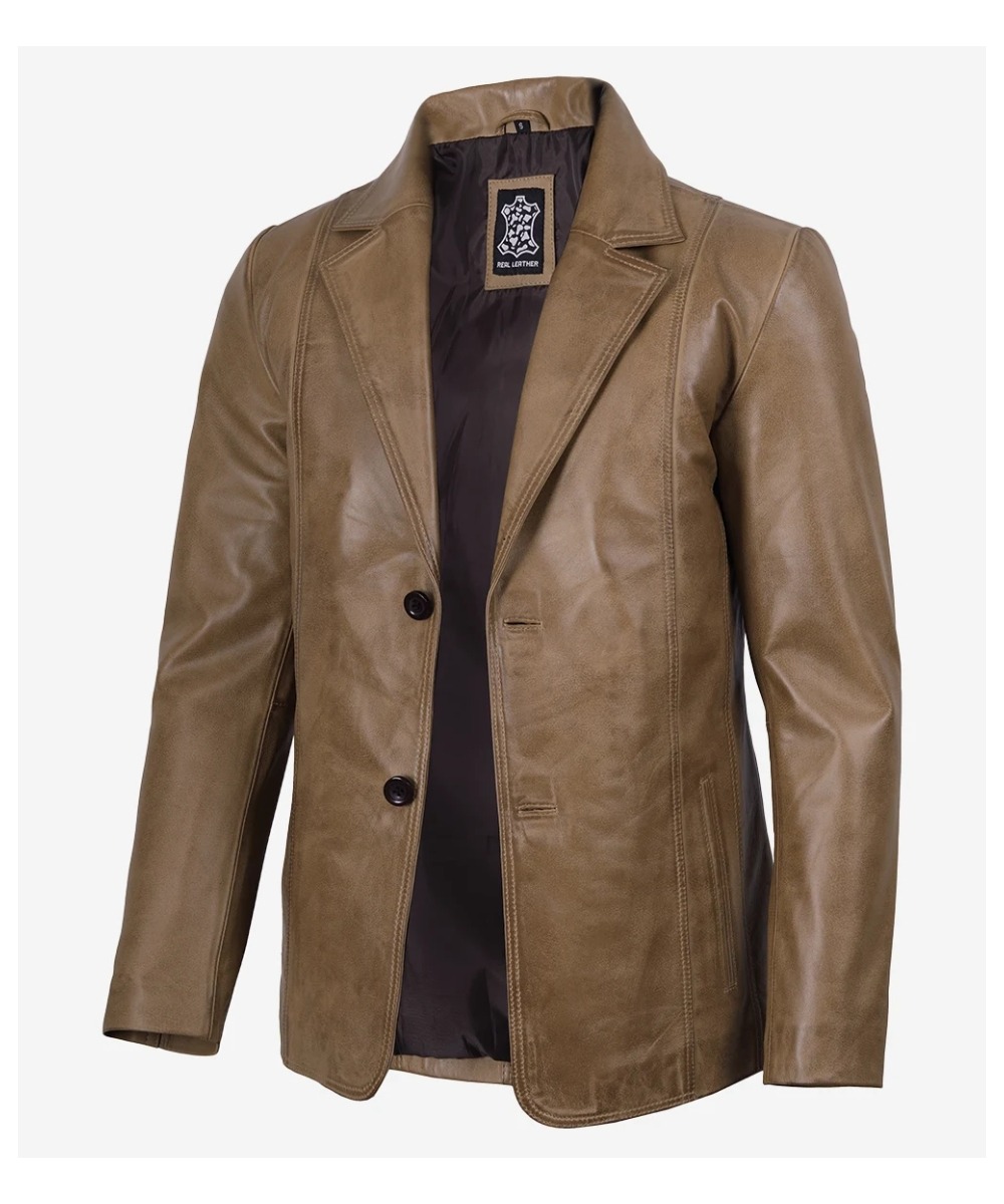 Men’s Cognac Leather Blazer – Classic Notch Lapel
