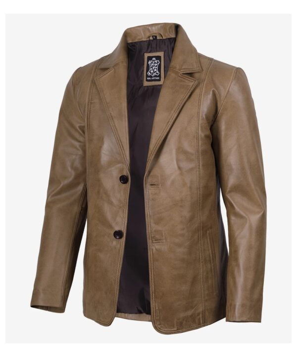 Men’s Camel Waxed Leather Blazer – Classic Two-Button Style