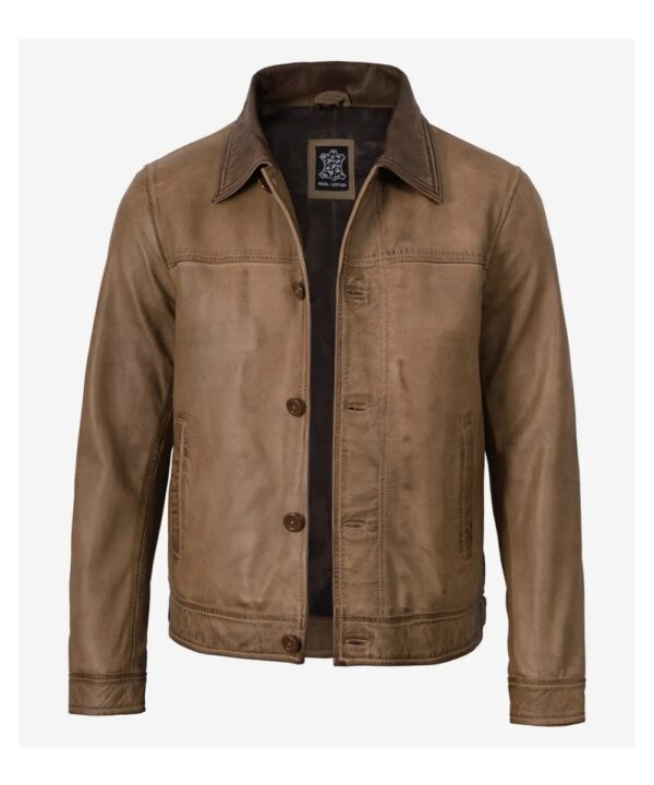 Men’s Camel Waxed Leather Harrington Jacket – Classic Style