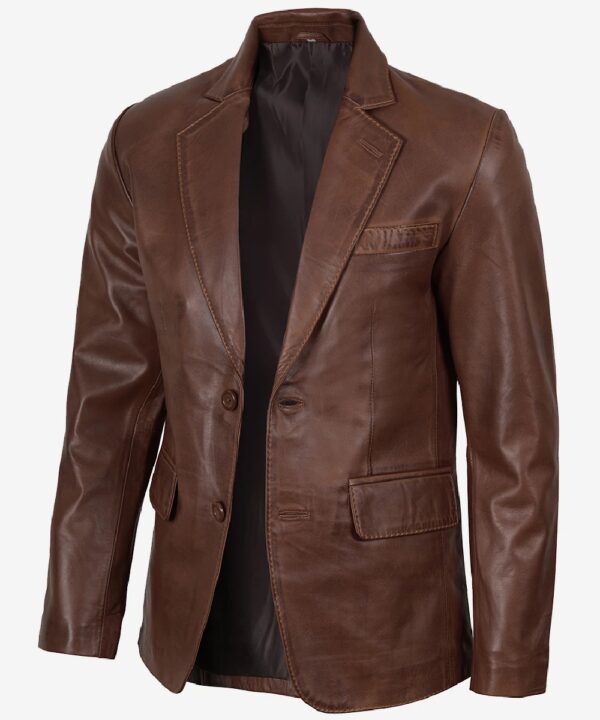 Men’s Cognac Leather Blazer – Refined Waxed Finish