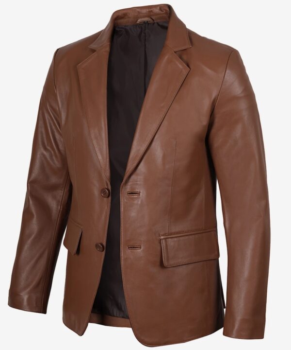 Men’s Cognac Leather Blazer – Classic Tailored Two-Button Style