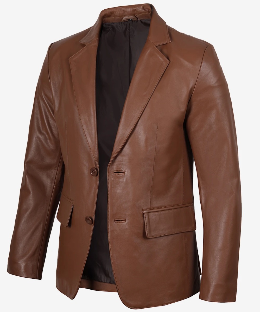 Men’s Cognac Leather Blazer – Classic Tailored Two-Button Style