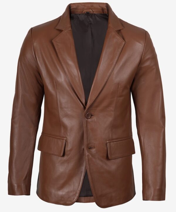Men’s Cognac Leather Blazer – Classic Tailored Two-Button Style