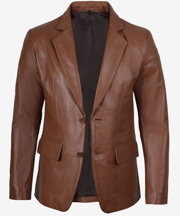 Men’s Cognac Leather Blazer – Classic Tailored Two-Button Style