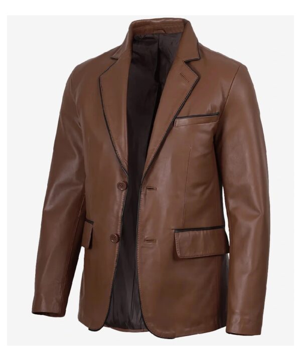 Men’s Cognac Leather Blazer with Black Contrast Piping