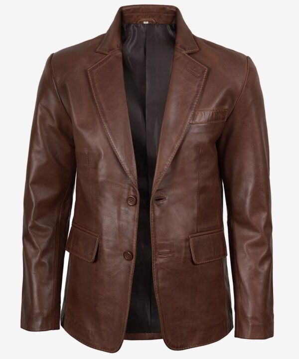 Men’s Cognac Leather Blazer – Refined Waxed Finish