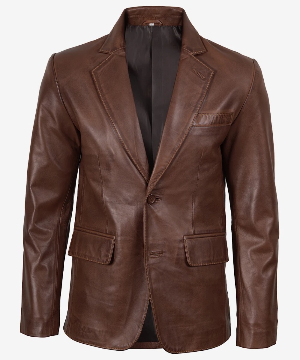 Men’s Cognac Leather Blazer – Refined Waxed Finish