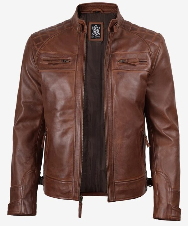 Men’s Cognac Leather Café Racer Jacket – Quilted Shoulder Detail