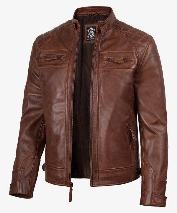 Men’s Cognac Leather Café Racer Jacket – Quilted Shoulder Detail