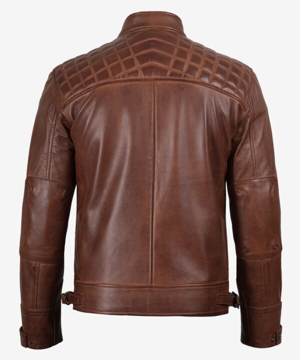 Men’s Cognac Leather Café Racer Jacket – Quilted Shoulder Detail