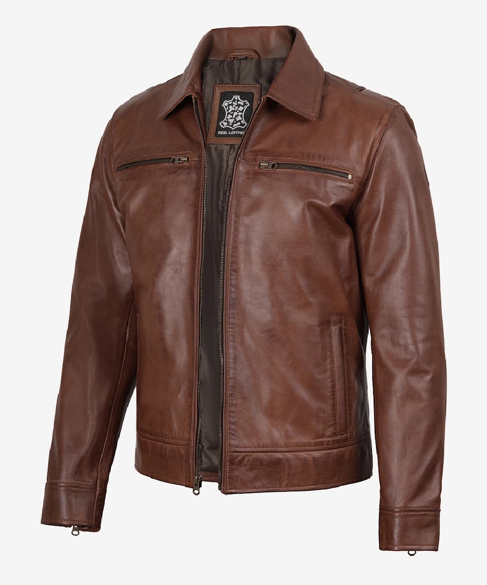 Men’s Cognac Leather Jacket – Classic Shirt Collar Style