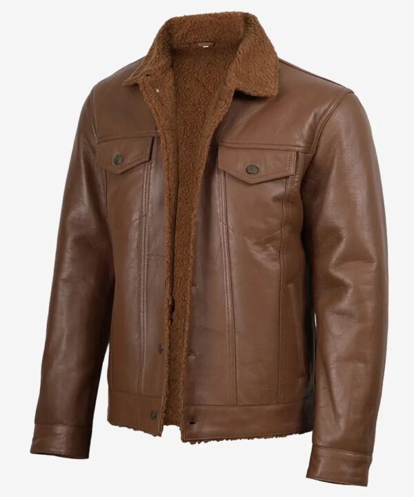 Men’s Cognac Leather Sherpa Jacket – Warm Trucker-Inspired Style