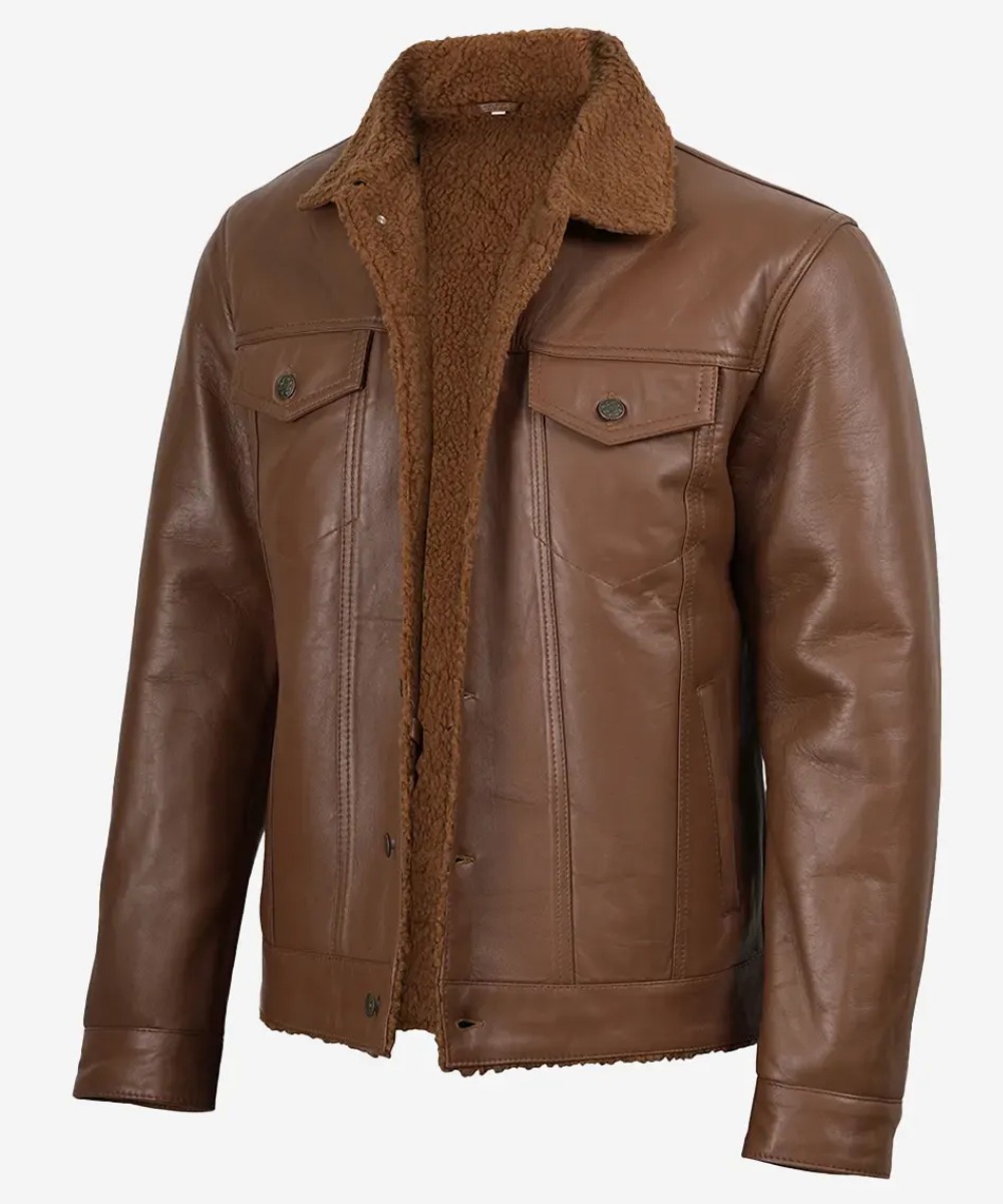 Men’s Cognac Leather Sherpa Jacket – Warm Trucker-Inspired Style
