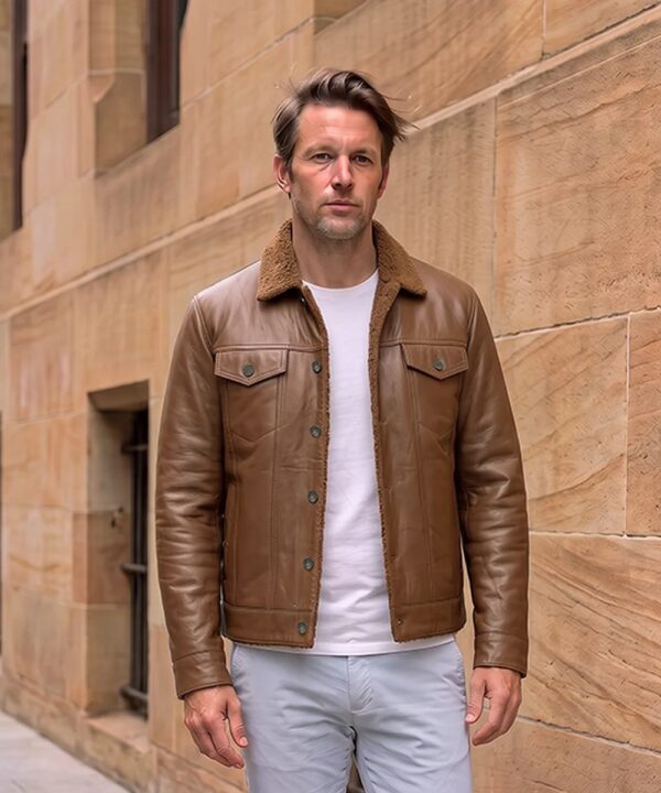 Men’s Cognac Leather Sherpa Jacket – Warm Trucker-Inspired Style
