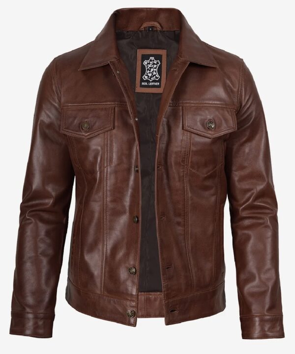Men’s Cognac Leather Trucker Jacket – Rugged Casual Style