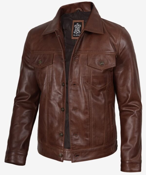 Men’s Cognac Leather Trucker Jacket – Rugged Casual Style