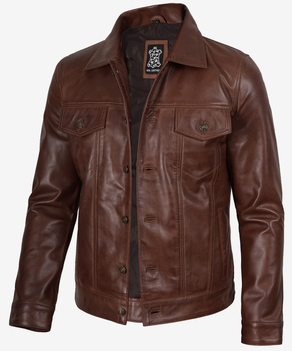 Men’s Cognac Leather Trucker Jacket – Rugged Casual Style