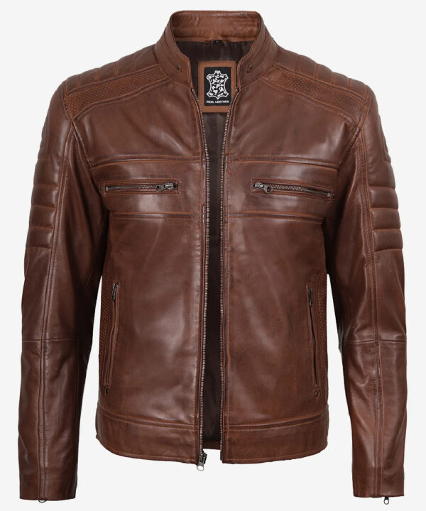 Men’s Cognac Waxed Leather Café Racer Jacket – Sleek Style