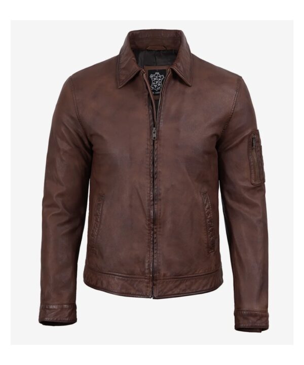 Men’s Cognac Waxed Leather Harrington Jacket – Classic Style