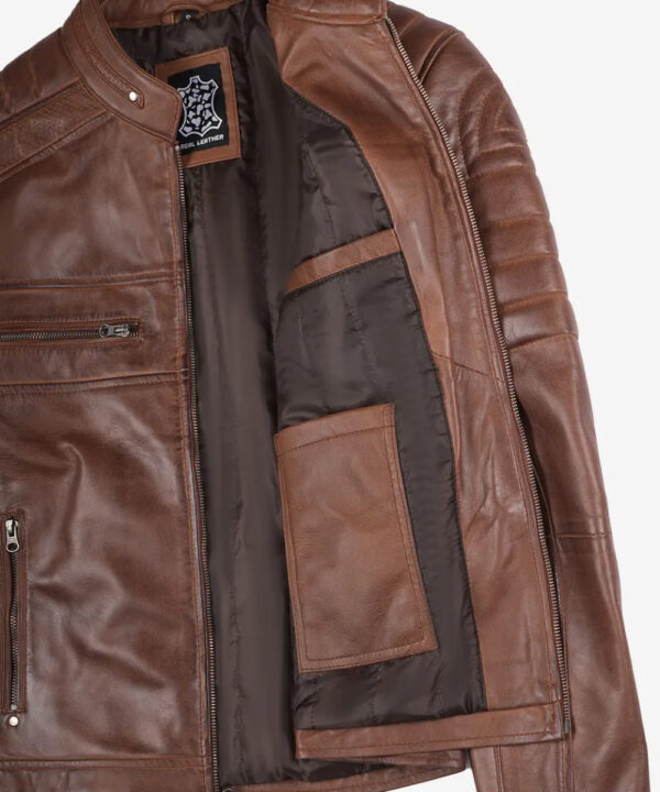 Men’s Cognac Waxed Leather Café Racer Jacket – Sleek Style