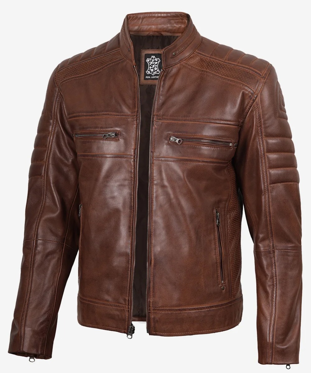 Men’s Cognac Waxed Leather Café Racer Jacket – Sleek Style