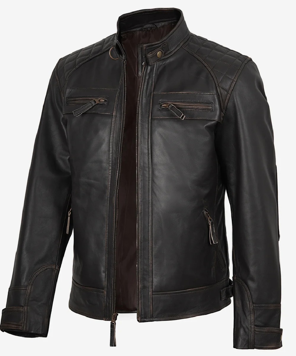 Men’s Dark Brown Leather Biker Jacket – Quilted Shoulder Detail