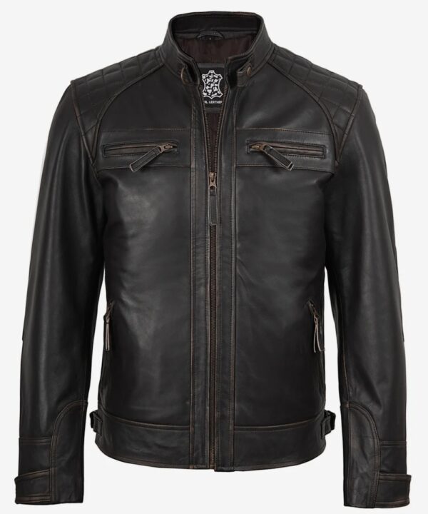 Men’s Dark Brown Leather Biker Jacket – Quilted Shoulder Detail