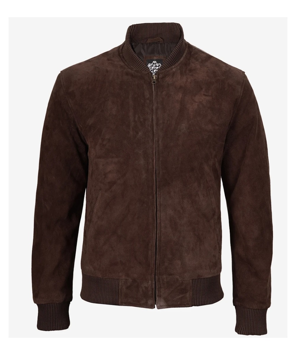 Men’s Dark Brown Suede Bomber Jacket – Classic Zip-Up Style