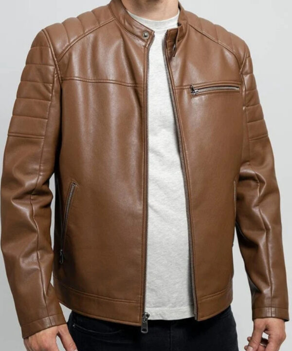 Shop a men’s dark camel faux leather jacket with a sleek, modern look. A versatile everyday layer for casual outfits, streetwear, and weekend style.