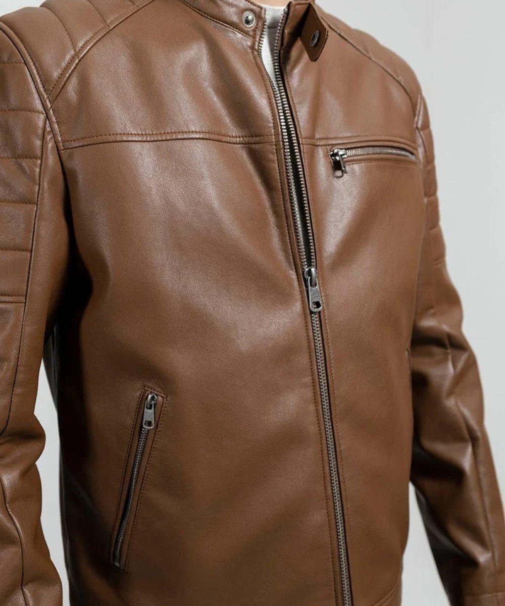Shop a men’s dark camel faux leather jacket with a sleek, modern look. A versatile everyday layer for casual outfits, streetwear, and weekend style.