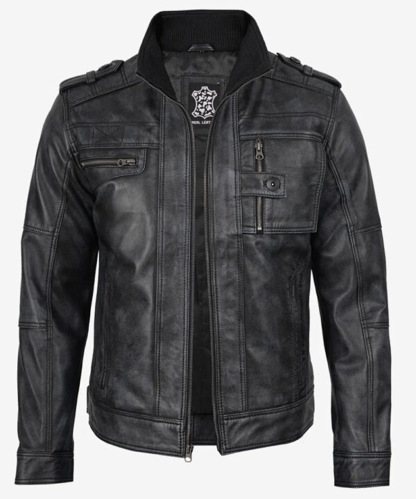 Men’s Distressed Black Leather Biker Jacket – Rugged Style