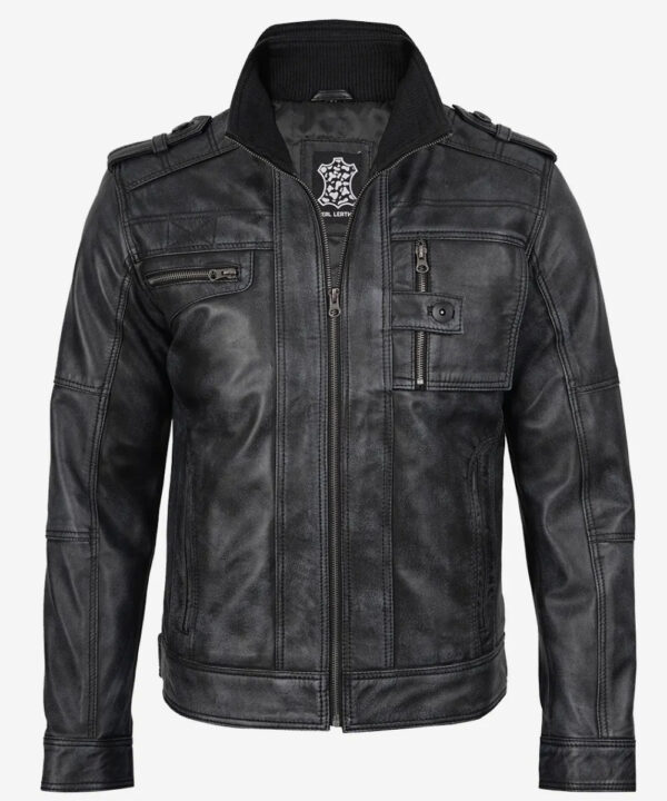 Men’s Distressed Black Leather Biker Jacket – Rugged Style