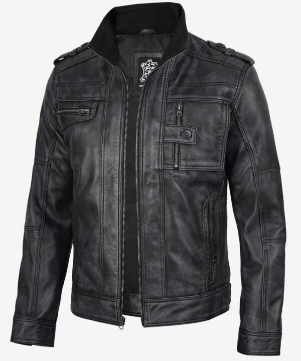 Men’s Distressed Black Leather Biker Jacket – Rugged Style