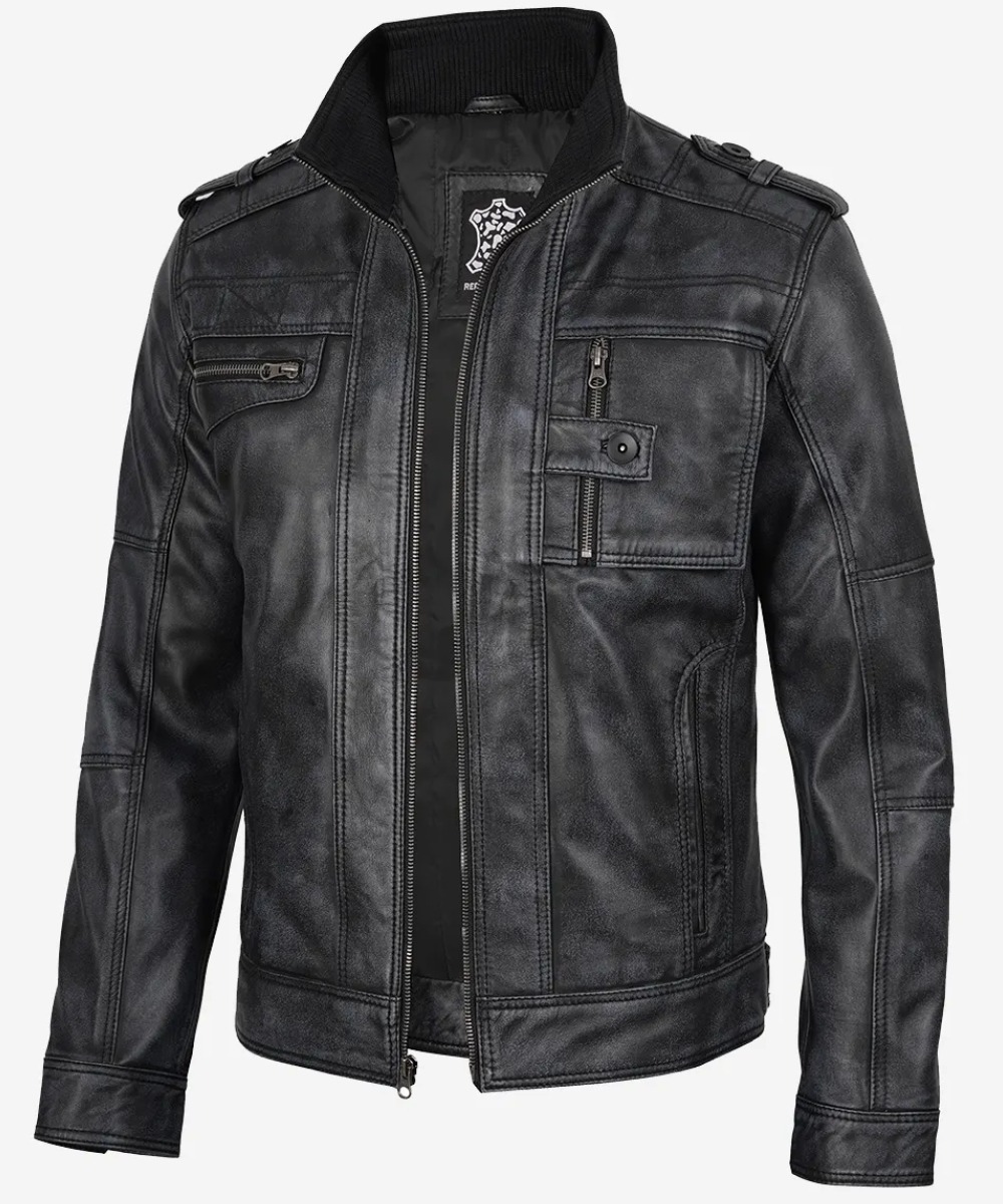 Men’s Distressed Black Leather Biker Jacket – Rugged Style