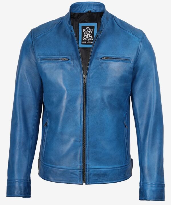 Men’s Distressed Blue Leather Biker Jacket – Vintage Motorcycle Style